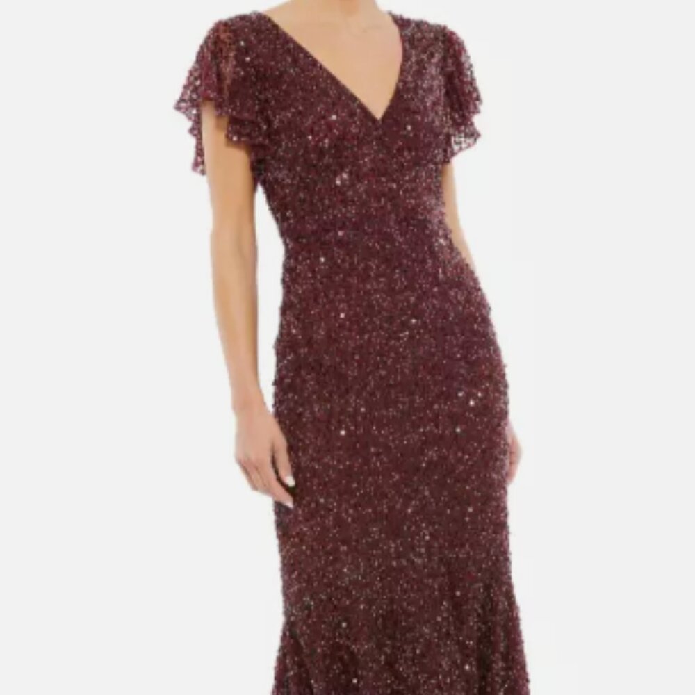 MAC DUGGAL 10801 SEQUINED FLUTTER V-NECK CAP SLEEVE TRUMPET BUGUNDY MIDI DRESS 6